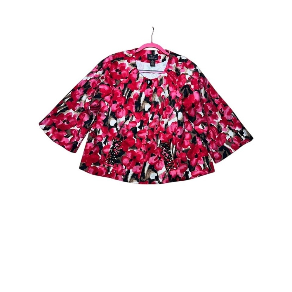 Trenz Woman Theresa Benz Floral Beaded Jacket Red Pink Plus 1X 3/4 Sleeve